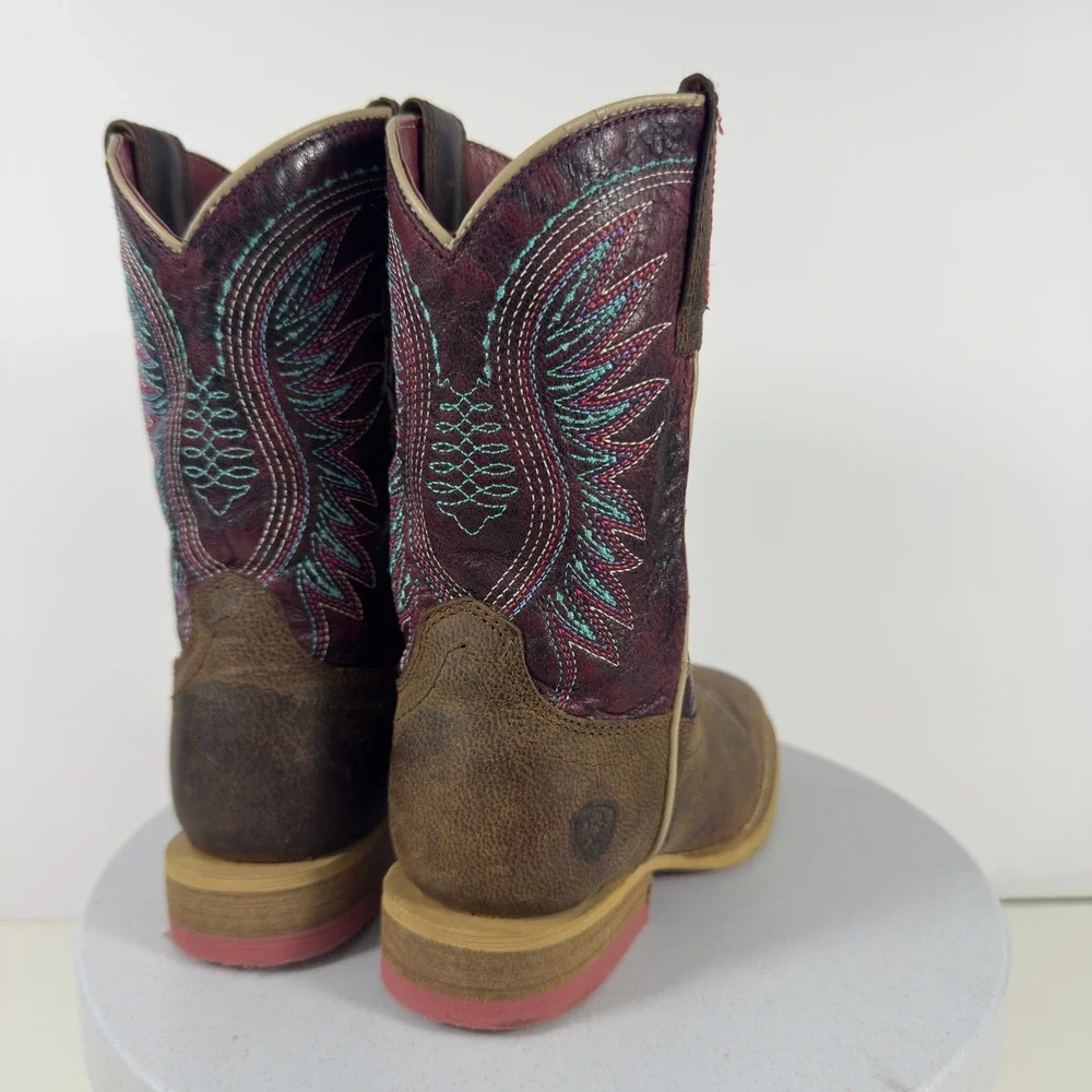 Ariat Vaquera Kids Western Cowboy Boots Leather Purple Brown Square Toe Size 8.5
